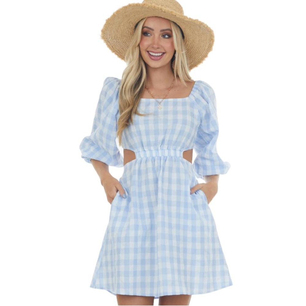 Umgee Cornflower Gingham Cut Out Puff Sleeve Dress